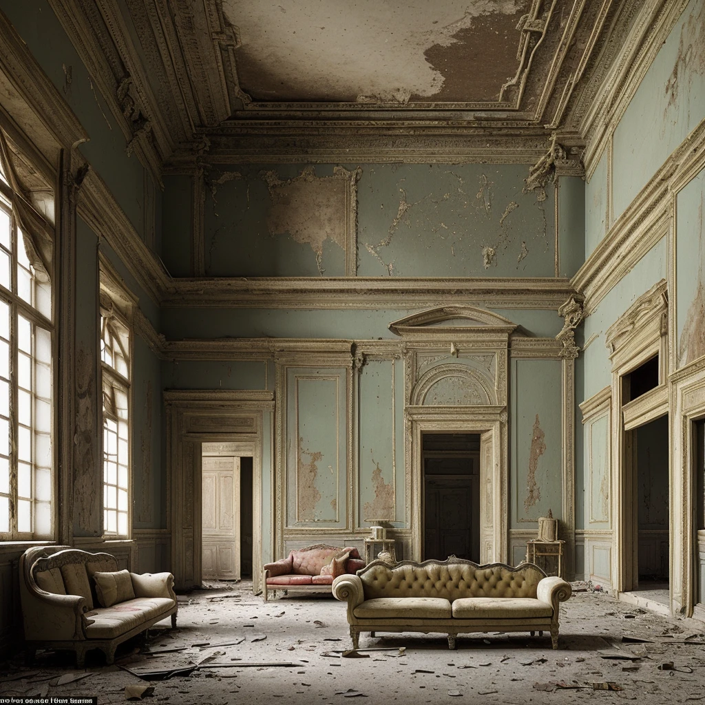 a large hall of a palace house in a state of abandonment, paintings with classical mythological themes on its peeling walls and an old, broken chair and sofa