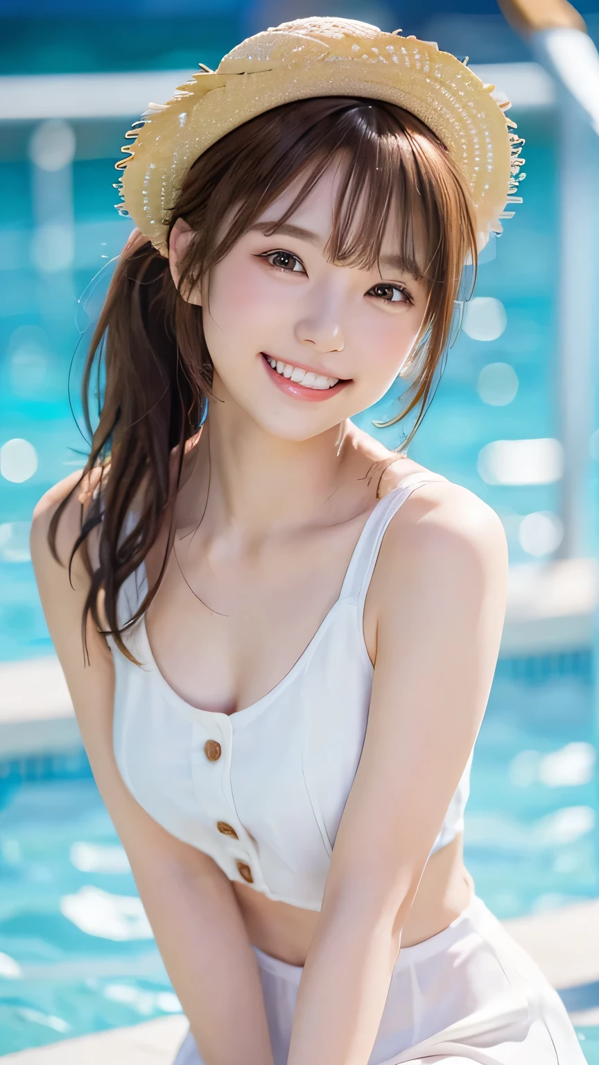 (Highest quality, DSLR shot, 8k, highest quality, high resolution, highest quality, highest resolution, very beautiful woman, perfect anatomy), bright brown eyes, very bright brown eyes, small diamond-shaped earrings, looking directly at the camera, beautiful brown hair, ((youthful face, loose and cute medium ponytail)), very short and beautiful bangs in brown hair, cutout detailed modest outfit, beautiful 20-year-old, lip gloss, smiling very happily, very cute smile, upper teeth, beautiful teeth, (random beautiful summer sea or pool horizon (background only)), slightly large eyes, small face, tall supermodel, beautifully shaped model, random cute pose, dynamic angle, focus on eyes, head tilt, very detailed and realistic, very beautiful 20-year-old, ((medium shot)), sharp jawline, cutout detailed white dress, straw hat, deep waistline, sexy legs, side view, smiling very happily, laughing, summer daytime