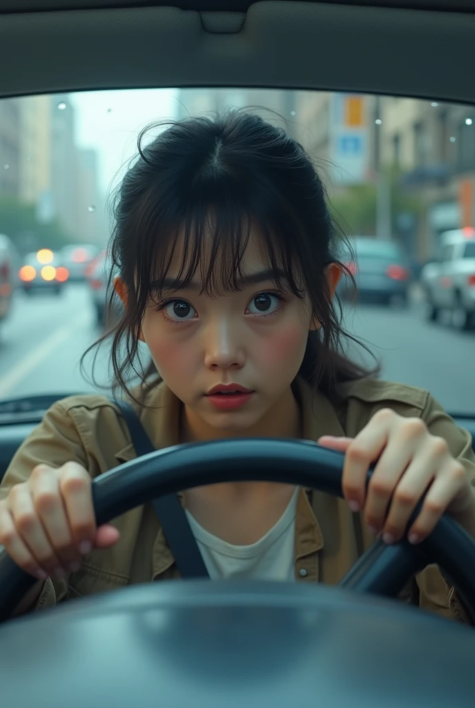 girl behind the wheel, shocked when he almost hit the car in front of him