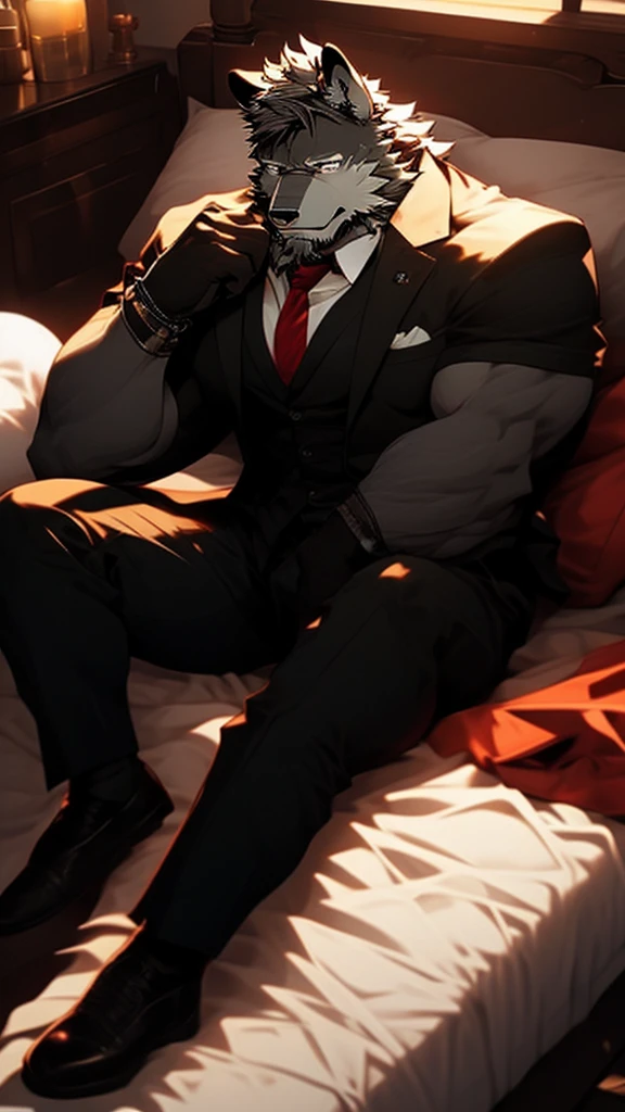 A Very Muscular Furry Gray Wolf. He is wearing A Black Pants And A Black Suit with a belt And A Red tie. He is sad with a sad Face on his face. His head is looking at you. He have A Gray messy hair. His left hand is holding A Flip Phone and his right hand is on his leg. He is wearing a black glasses. He is sitting on his bed in his bedroom. He have a black gloves on his hand. He have A Watch on His Arm