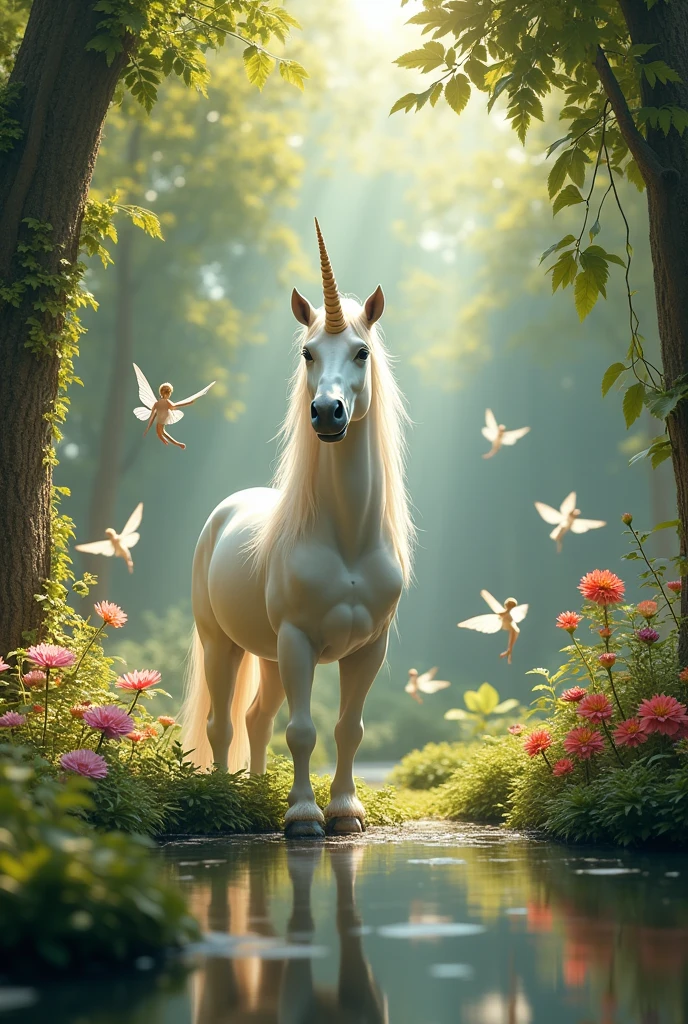 Unicorn in a garden with fairies