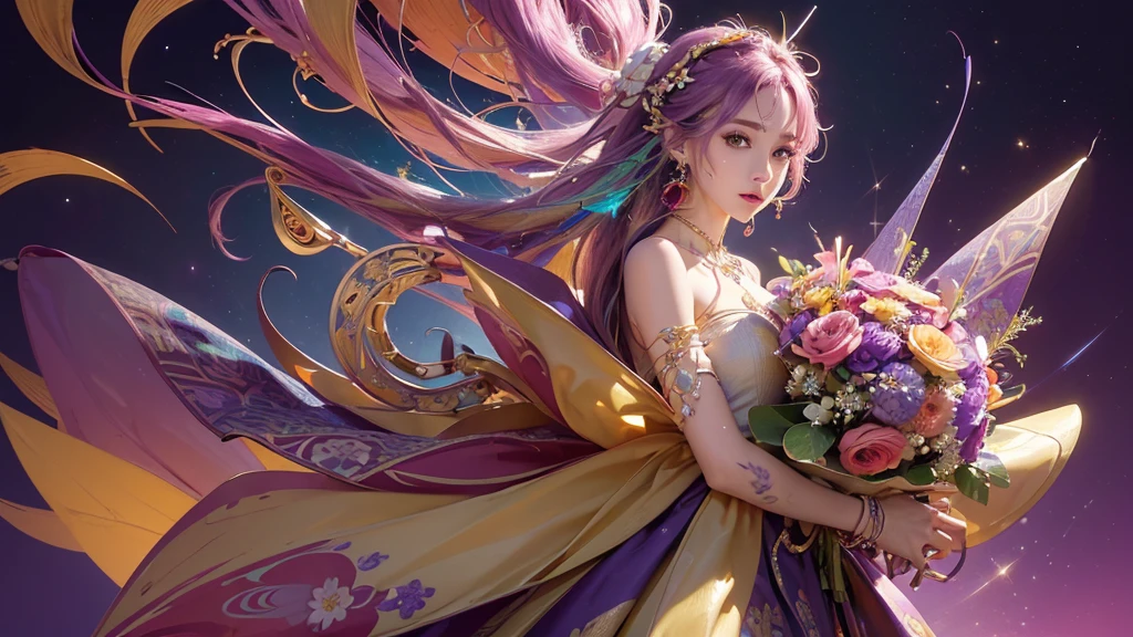32K, 最高quality, 最高masterpiece, (ultra-Detailed Background, Detailed Background), High resolution, Super detailed, Very detailedな, 1 personの, (bouquet:1.3), (Tangled:1.2), (Geometric:1.2),(colorful),(masterpiece, quality, best quality, Official Art, Beautiful and beautiful:1.2), (1 person:1.3), Very detailed,(colorful:1.1)(Flowers:1.3),Most detailed,(Tangled:1.2), whole body, (Abstract background:1.3), (Skin glows), (Many colors:1.4), ,(Earrings Jewelry:1.5), Purple-red pale background, It's imaginative., Milk tea colored hair,