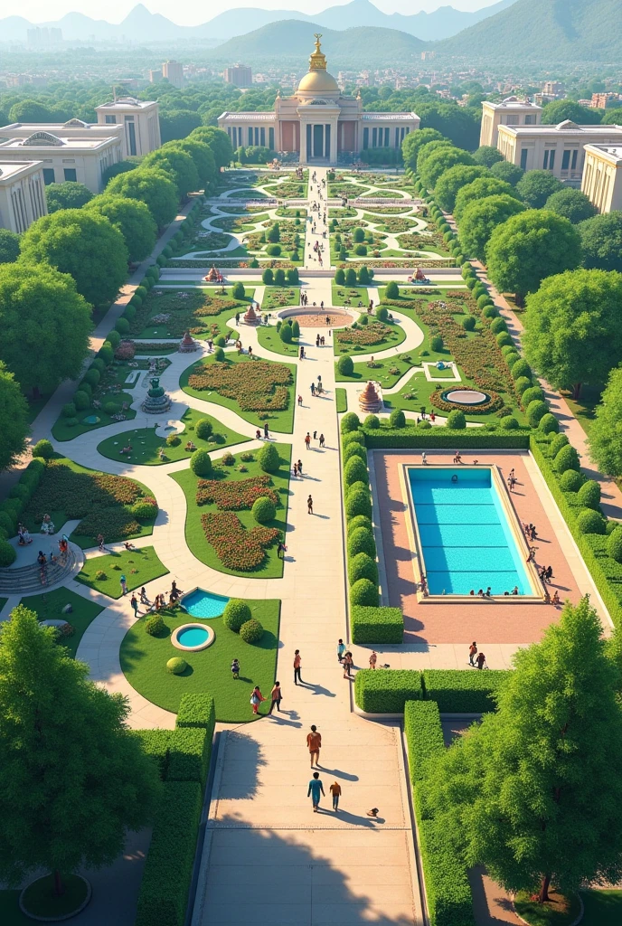 A garden that have the following lush grenery,walkways, monunents and statues,seating areas, cultural and social hub, animal scenery  conference hall, ??? playing ground, swimming pull officess and restrooms