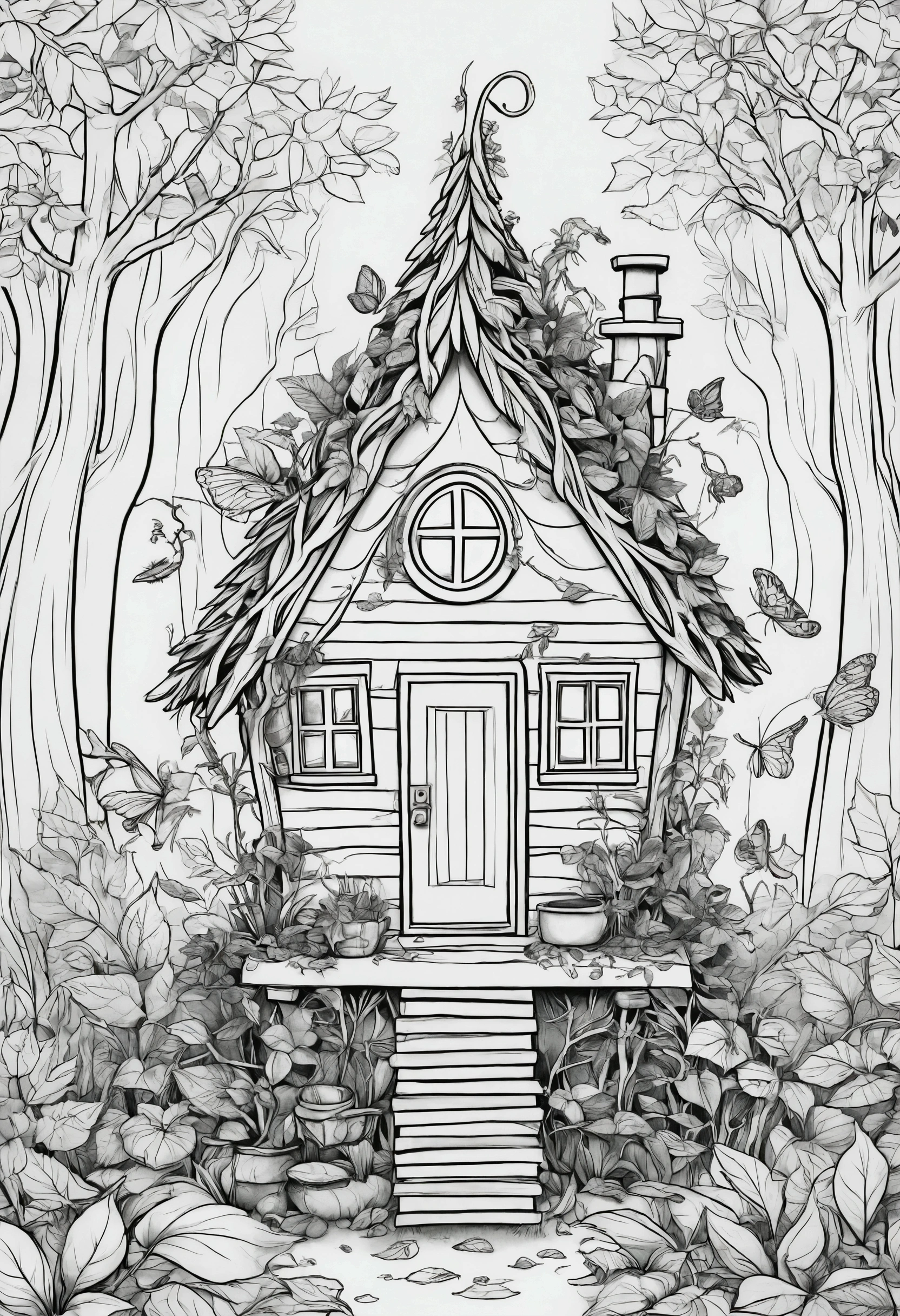 A fairy building a tiny house out of twigs and leaves in the forest, for coloring pages, full white,clean line art, children's style, magic forest background, full body, Sketch style, playful style, childrens,coloring page, clean line art, white background, colouring page, clean outline