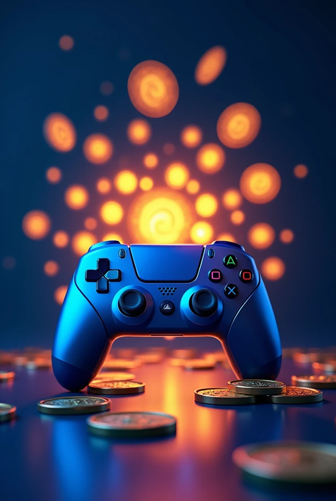 A futuristic hero section image set against a rich, dark blue background with the hexadecimal code 08071A, illuminated by a halo of luminous, golden coins that seem to radiate an aura of prosperity, with each coin featuring intricate, swirling patterns that evoke a sense of dynamic energy, scattered around the composition in a whimsical, organic arrangement. In the foreground, a sleek, modern gaming controller with a metallic finish and vibrant blue accents sits prominently to one side, its buttons and joysticks gleaming with a subtle, high-tech sheen, effectively blending the realms of gaming and investing. The overall aesthetic is bold, vibrant, and deeply captivating, with deliberate contrasts of light and dark that evoke a sense of excitement and empowerment, while the coins and controller work in harmony to convey the thrilling potential of cryptocurrency investment and the gains that come with it.