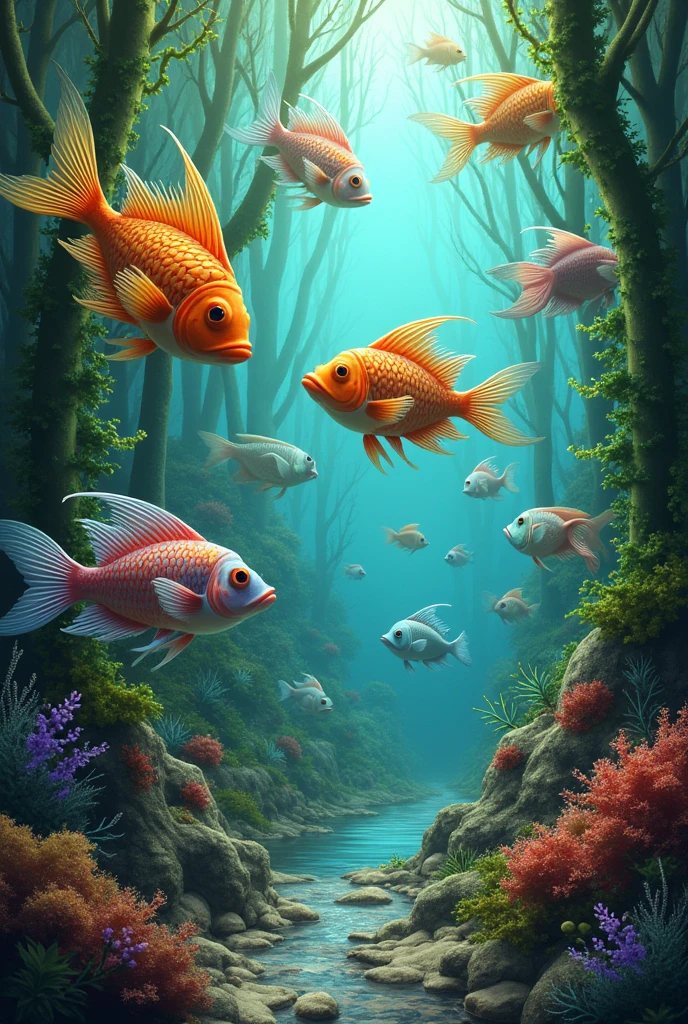 Create me a image in which fishes grow on plants 