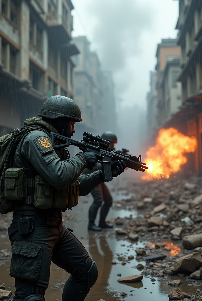 A highly detailed 3D render of a war-torn Ukraine urban environment in Unreal Engine 5 style, featuring realistic characters with advanced military gear, taking cover behind debris and engaging in a firefight. The scene is set during a heavy rainstorm, with dynamic lighting and shadow effects. Buildings in the background are partially destroyed, with smoke and fire adding to the atmosphere. High-resolution textures and interactive environment elements such as broken glass and scattered debris are visible. Ukranian vs Russian