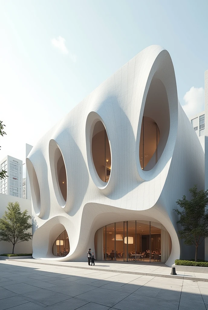 Postmodern facade architecture of resturant in iran , shell of paper design white concrete , high quality rendering architecture, cinematic , larg window