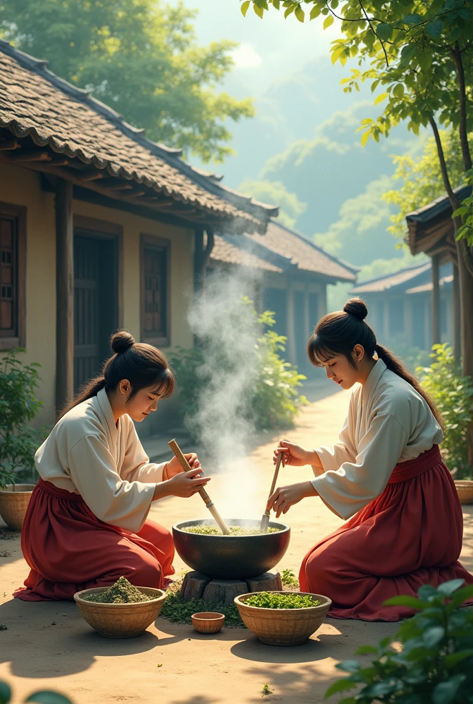 Asian women pack powder supergreen, boiling water at village, packing nadminzempire