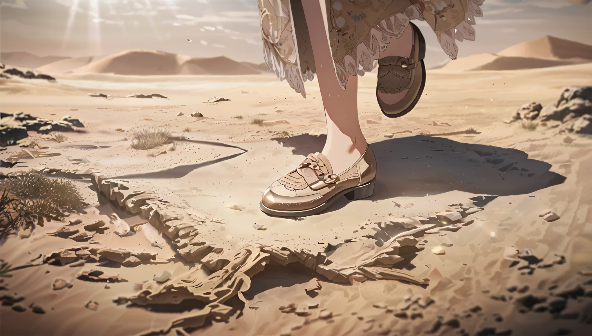 Chibi Girl、Walking through the desert under the scorching sun、Sweat、heat haze、Cute Shoes、whole body、A landscape of nothing but sand、Very detailed、Ultra-realistic、Photorealistic、8K、Hyperrealistic、masterpiece、Beautiful detailed eyes、Beautiful detailed lips、Very detailedな顔、Long eyelashes、Beautiful young girl、Beautiful lighting、Cinematic、Intricate details、Soft Focus、Depth of written boundary