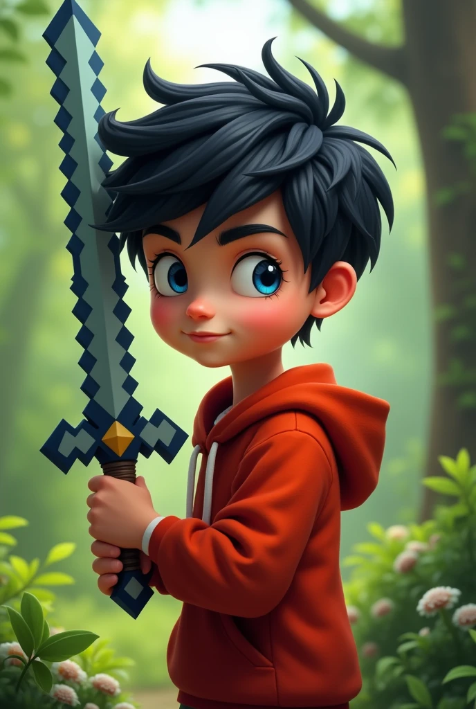 Hair : Black
Eyes: blue
Oufit:red jacket or hoodie
Pose: holding Minecraft sword
Looking left side
Background: nature
Animeted boy