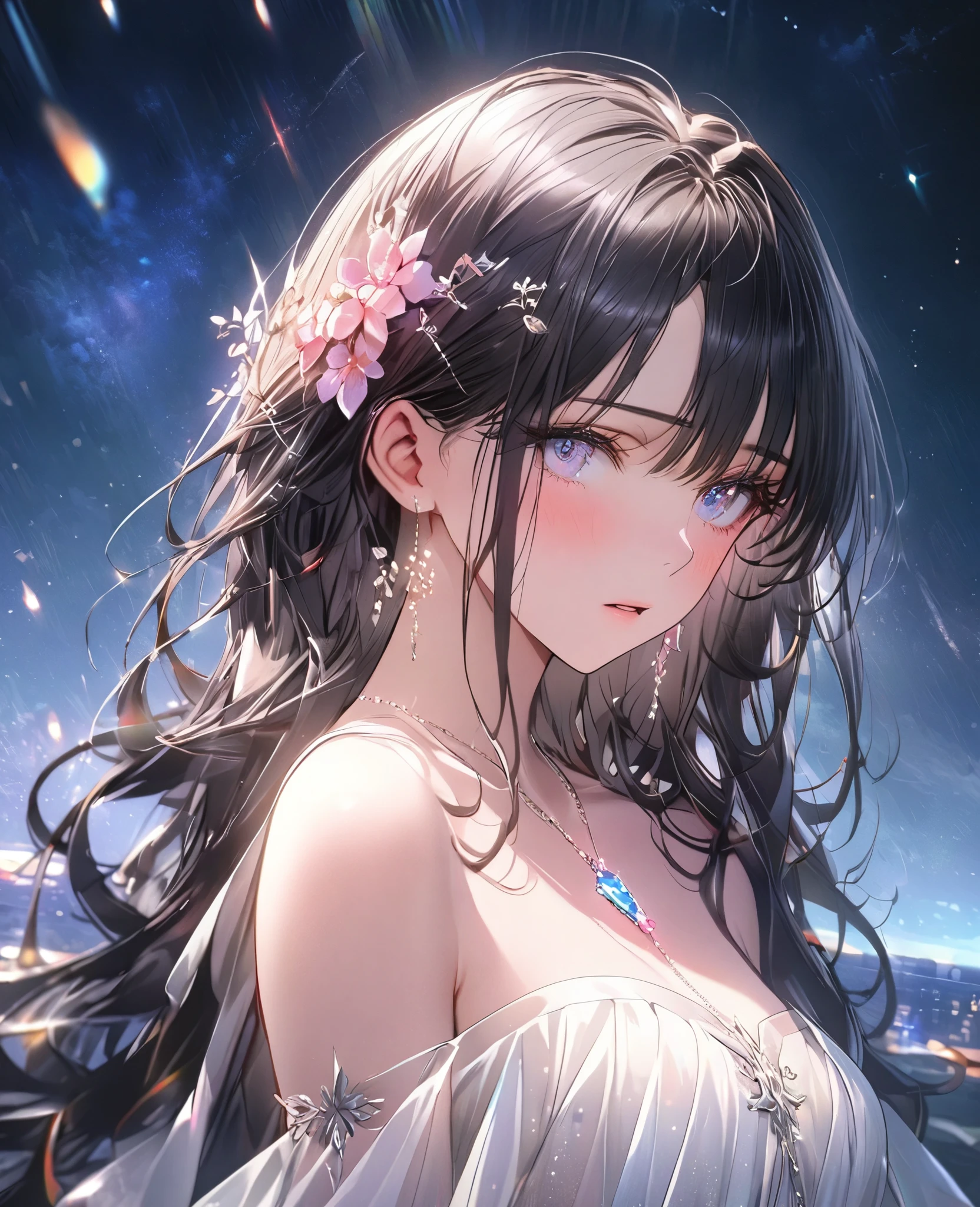 8k,Ephemeral beauty,Very delicate and beautiful,Beautiful and realistic skin,Shining like a jewel,Black Hair、Long and colorful hair,Beautiful Eyes,good,Beautiful night sky、shy
