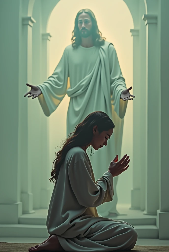 A woman on her knees praying, in the background a faded image of Jesus
