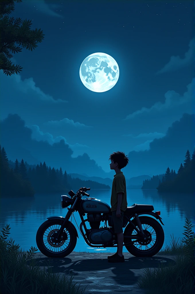 In night full of. Moon in sky a boy with her bullet bike stand near a river and look up the sky
