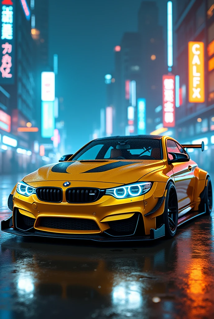 A yellow fully modified bmw m4 compitition in a cyberpunk blue and yellow light