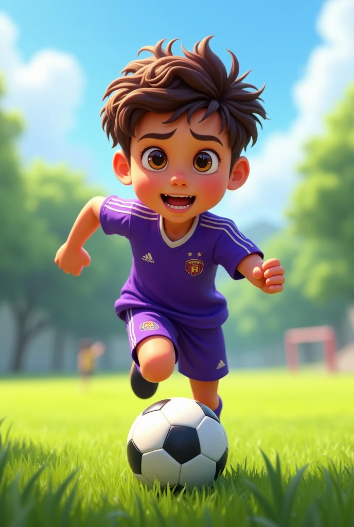 Pixar image of a white-skinned boy with brown eyes, Brown hair, in a purple sports uniform running with a soccer ball