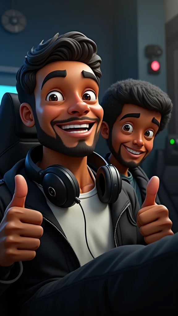create an illustration of a smiling 2 black man in a black jacket with gaming headphones around his neck, showing thumbs up, beard cut to a thin size on the sides and with a medium-sized beard (8cm) on his chin, light brown eyes with an African American haircut, medium length black hair. with game setup background.drawing in 3D Art style, c4d, disney style, pixar style render, detailed skin (texture), (clay) (cinematic lighting) Super Detail illustration, 8K
