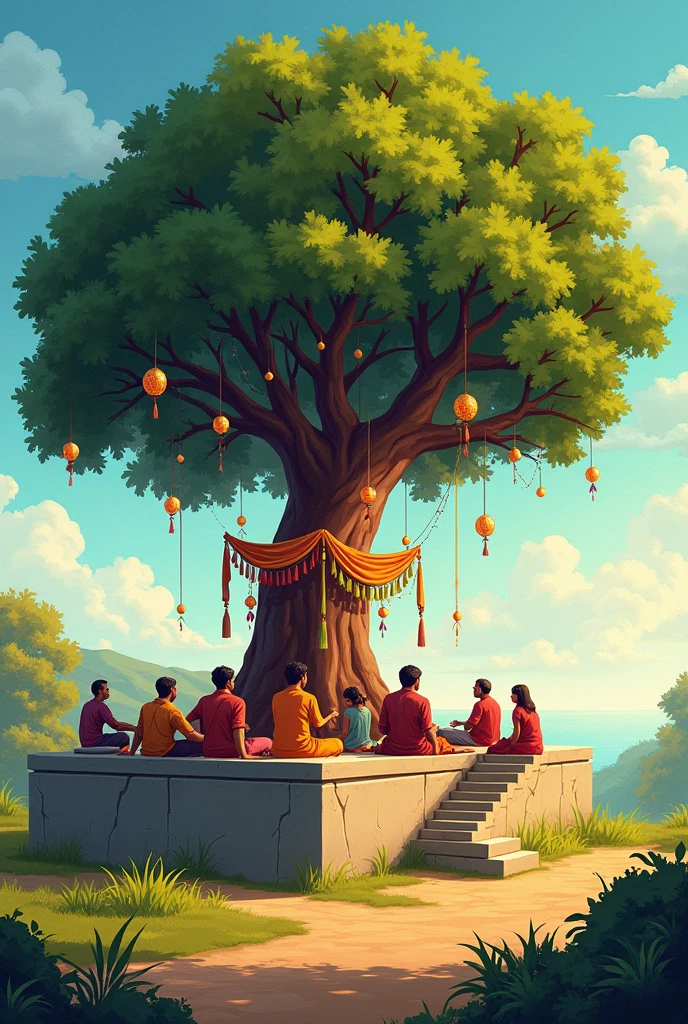 An illustration of chabutra which mean a raised platform in the north India village. There is a big tree on the platform and few people are sitting on that concrete platform. That tree is decorated with frills and lanterns 