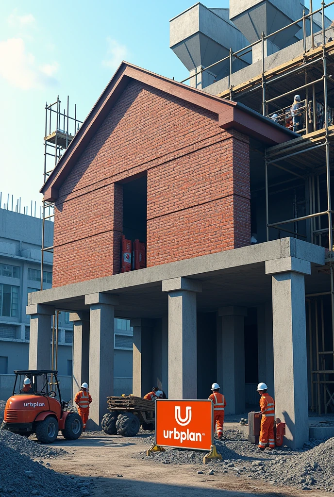 Create a detailed image of a conventional masonry construction in progress. Show a brick wall being erected with concrete pillars and beams visible. Include construction tools, With scaffolding and concrete mixers, Ao fundo. The name &#39;URBPLAN&#39; must be visible in a strategic location, such as a safety sign or a banner on a construction site. The image must have a realistic environment, with predominant blue tones, highlighting the complexity of the construction process