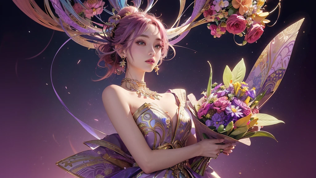 32K, 最高quality, 最高masterpiece, (ultra-Detailed Background, Detailed Background), High resolution, Super detailed, Very detailedな, 1 personの, (bouquet:1.3), (Tangled:1.2), (Geometric:1.2),(colorful),(masterpiece, quality, best quality, Official Art, Beautiful and beautiful:1.2), (1 person:1.3), Very detailed,(colorful:1.1)(Flowers:1.3),Most detailed,(Tangled:1.2), whole body, (Abstract background:1.3), (Skin glows), (Many colors:1.4), ,(Earrings Jewelry:1.5), Purple-red pale background, It's imaginative., Milk tea colored hair,