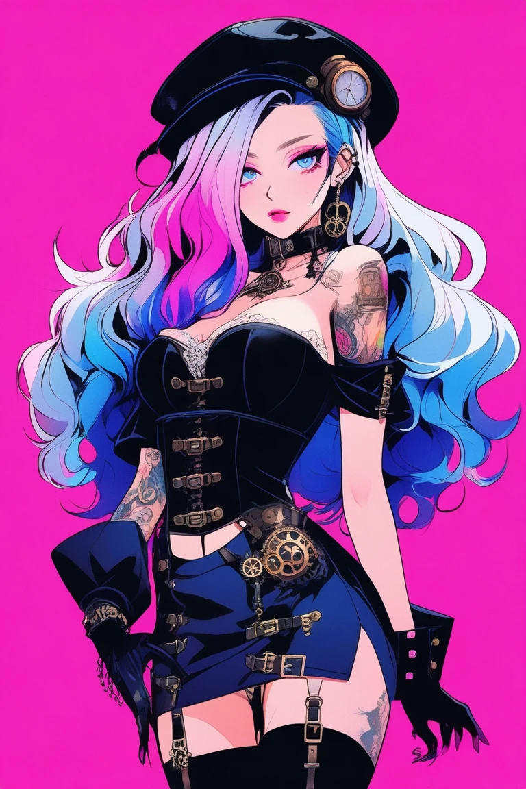Illustrator, anime , Realistic ,sketch , 1 person, model, Portraiture, lip, Gothic Steampunk Hat, Black bustier jumper skirt, Expose your shoulders, order, Blue and pink gradient background, Neon colored hair, Big Breasts, (((Upper Body))), (((look back))), Sexy look, Sexy pose, Texture Trim, Russia, (masterpiece,Highest quality)