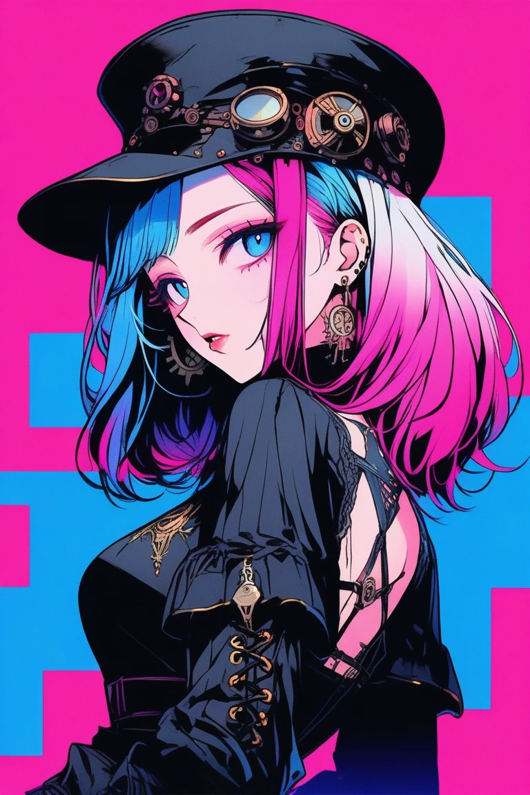 Illustrator, anime , Realistic ,sketch , 1 person, model, Portraiture, lip, Gothic Steampunk Hat, Black bustier jumper skirt, Expose your shoulders, order, Blue and pink gradient background, Neon colored hair, Big Breasts, (((Upper Body))), (((look back))), Sexy look, Sexy pose, Texture Trim, Russia, (masterpiece,Highest quality)