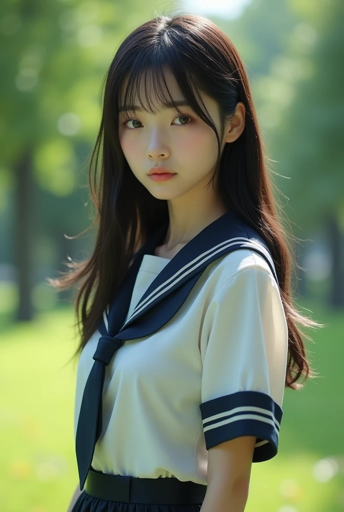 Female, 1, long hair, raw photos, Bokeh (realism: 1.4, realistic), A collection of 8K highly detailed CG wallpapers., 1 girl, ((Slim shape: 1)), (small breasts: 1), Return to viewer, ((Direct view from the front)), (Skin HQ: 1.4), 8k uh, dslr, soft light, High quality, Film texture, Fujifilm XT3, ((School uniform, short skirt,View through an open skirt:1.5)), ((outdoor, at park))) Jangju, Portrait,((Cut your hair short in layers, Hire black,small breast:1.2)),(look at viewer:1.4),(full body:1.8)