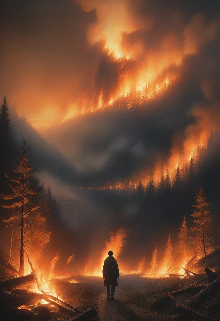 painting of a man walking through a forest with a fire in the background, the forest is on fire, forest fire, woods on fire, makoto sinkai, inspired by Michael Komarck, by Michael Komarck, stefan koidl inspired, fires!! hyperrealistic, burning forest, concept art | rhads, painterly concept art