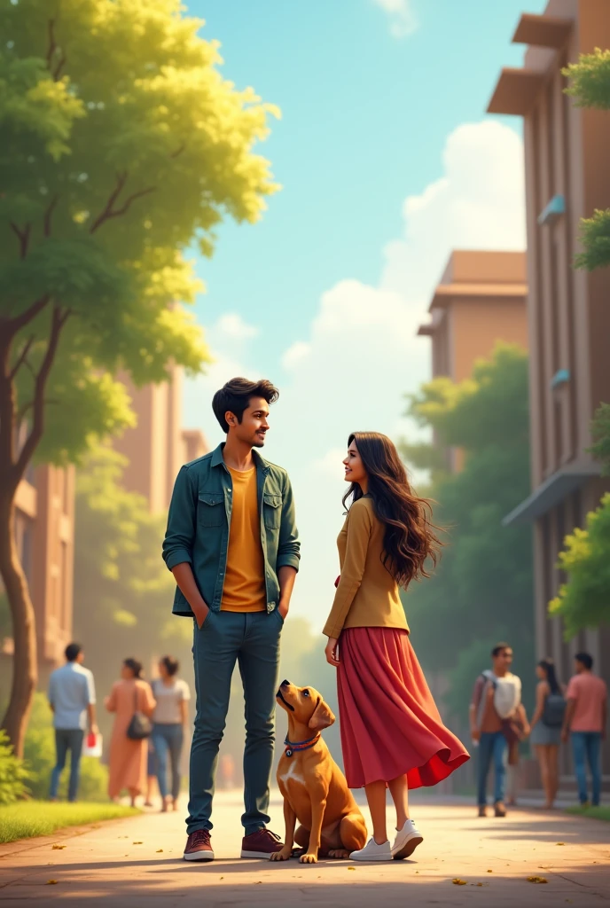 Maharashtra boy and north Indian girl with beautiful dog and background was collage campus