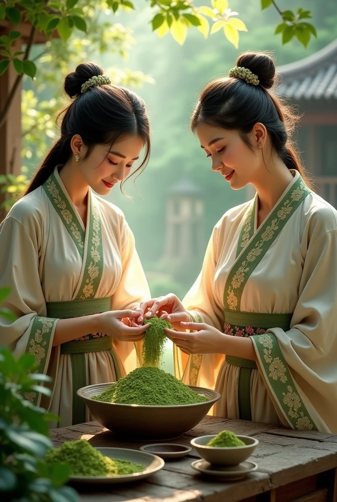 Beautiful Asian women pack powder supergreen, boiling water at village, packing nadminzempire
