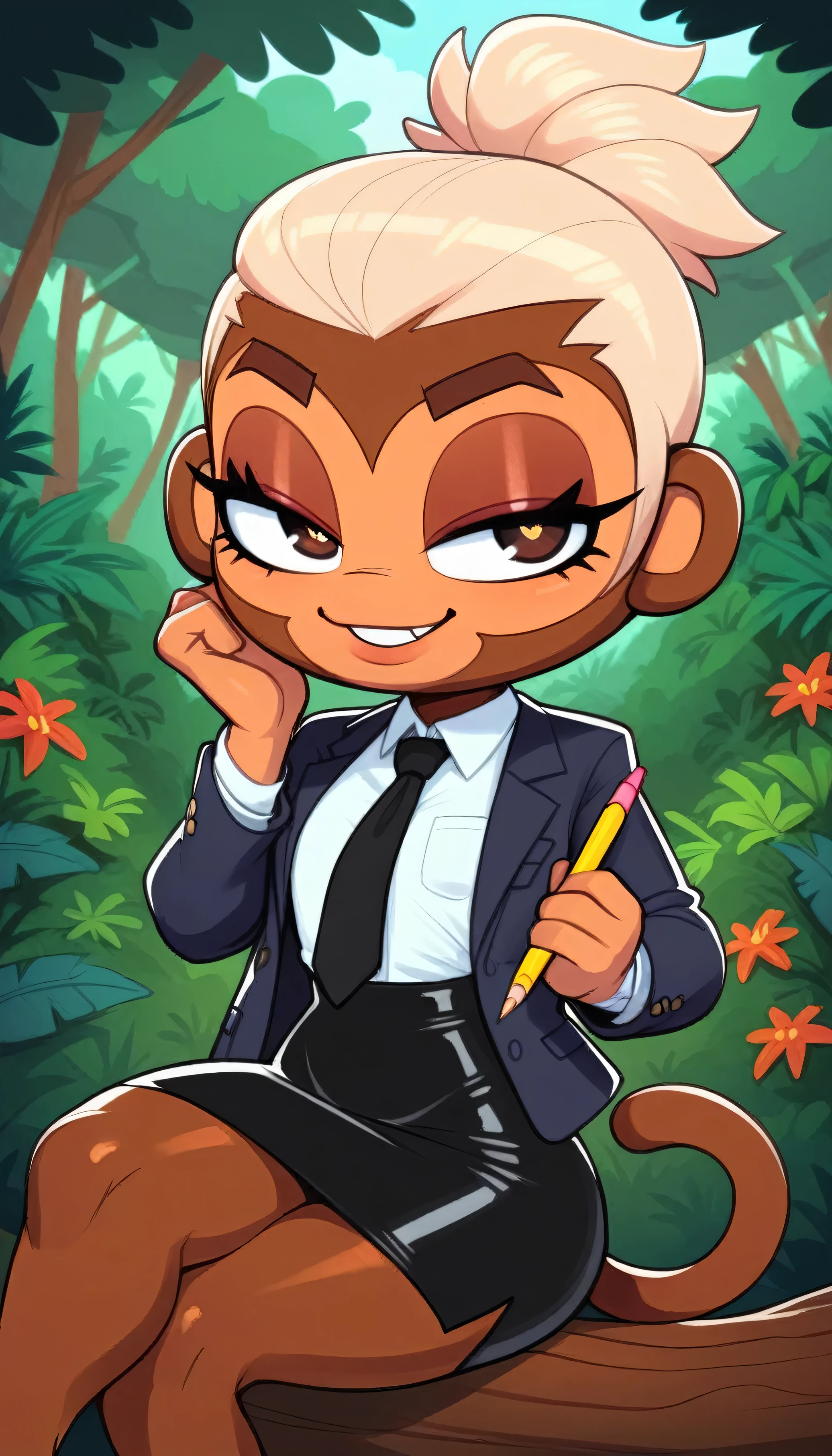 score_9, score_8_up, score_7_up,
1boy crossdressing femboy, solo, eyelashes, eyeliner, eyeshadow, smug, shortstack, gyaru, crossed legs, skirt suit, (((three-piece suit))), (((dress shirt))), (((black necktie))), (((blazer))), (((suit jacket))), (((waistcoat))), double-breasted waistcoat, (((bodycon pencil skirt)))
log, jungle, trees, forest,
BTD6, furry, no nose, monkey, brown fur,