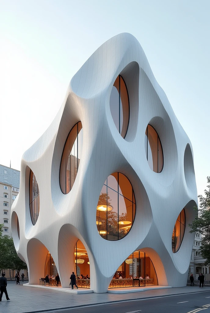 Postmodern facade architecture of resturant in iran , shell of paper design white concrete , high quality rendering architecture, cinematic , larg window, high detail