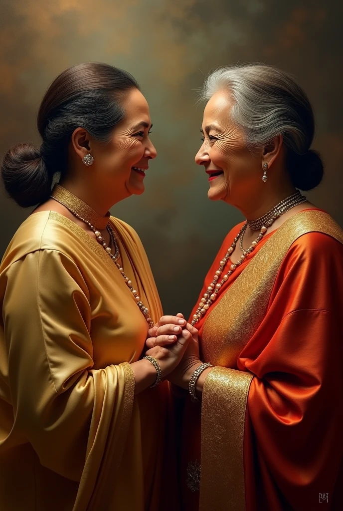 a portrait of Sheikh Hasina and Khaleda Zia shaking hands, high resolution, cinematic lighting, detailed facial features, elegant formal attire, warm color tones, photorealistic, masterpiece, intricate details, striking composition, emotional moment, powerful political leaders, historical significance, dramatic lighting, cinematic atmosphere, inspiring, (best quality,4k,8k,highres,masterpiece:1.2),ultra-detailed,(realistic,photorealistic,photo-realistic:1.37)