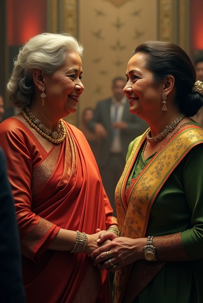 a portrait of Sheikh Hasina and Khaleda Zia shaking hands, high resolution, cinematic lighting, detailed facial features, elegant formal attire, warm color tones, photorealistic, masterpiece, intricate details, striking composition, emotional moment, powerful political leaders, historical significance, dramatic lighting, cinematic atmosphere, inspiring, (best quality,4k,8k,highres,masterpiece:1.2),ultra-detailed,(realistic,photorealistic,photo-realistic:1.37)