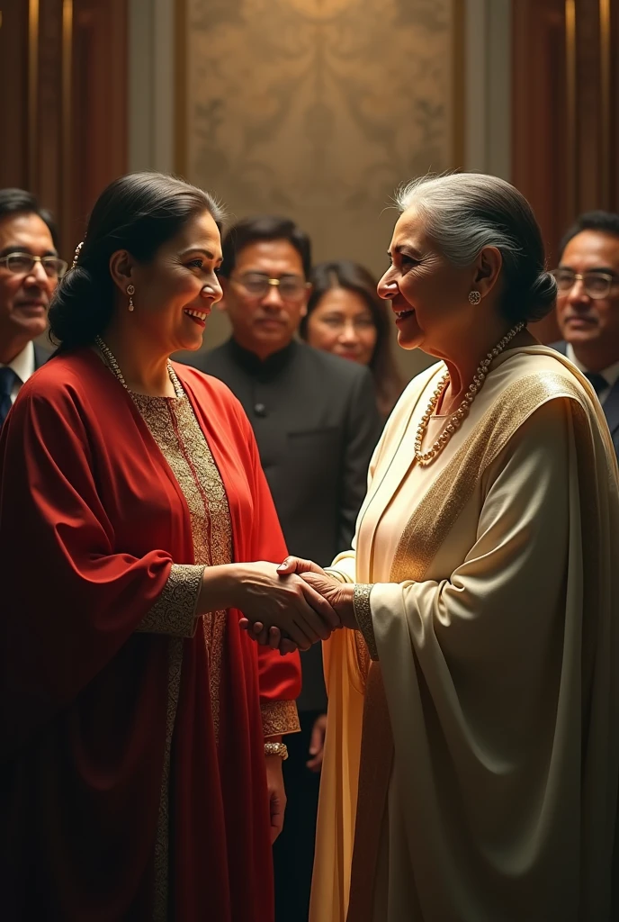 a portrait of Sheikh Hasina and Khaleda Zia shaking hands, high resolution, cinematic lighting, detailed facial features, elegant formal attire, warm color tones, photorealistic, masterpiece, intricate details, striking composition, emotional moment, powerful political leaders, historical significance, dramatic lighting, cinematic atmosphere, inspiring, (best quality,4k,8k,highres,masterpiece:1.2),ultra-detailed,(realistic,photorealistic,photo-realistic:1.37)