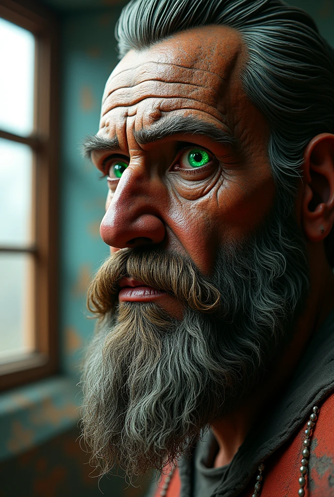 Bearded mountain man Intricate details insanely artwork Wooden painted man, 3D effect ultra-detailed intricate insanely Heart, museum room,  green glass eyes, Carved in wood, painted with bright colors., indie film screencap, Dramatic angle, , found footage, (steampunk), (cyberpunk aesthetic), (retrofuturism, atompunk), heroic proportions, window behind, "Death will come and take over your eyes It will be like giving up a vice like looking in the mirror seeing a dead face like hearing a closed lip We will sink into the whirlpool, silence." Surreal Art on wood, 3D effect, ultra-detailed, intricate, insanely full HD 