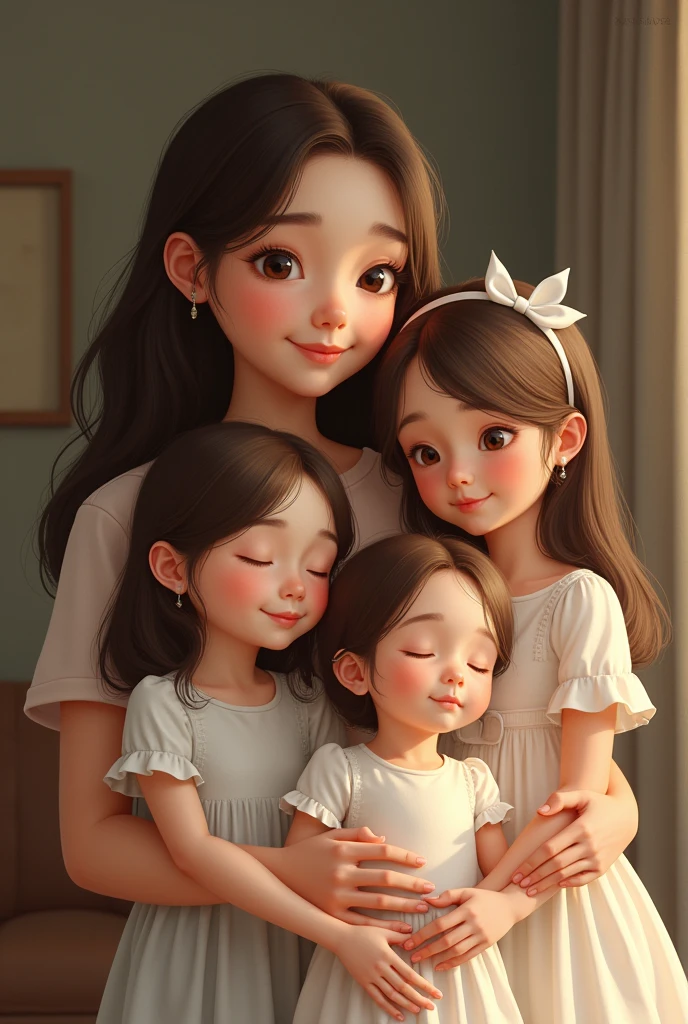 1 mother , with one eldest daughter, then twins one daughter and one son, then youngest daughter