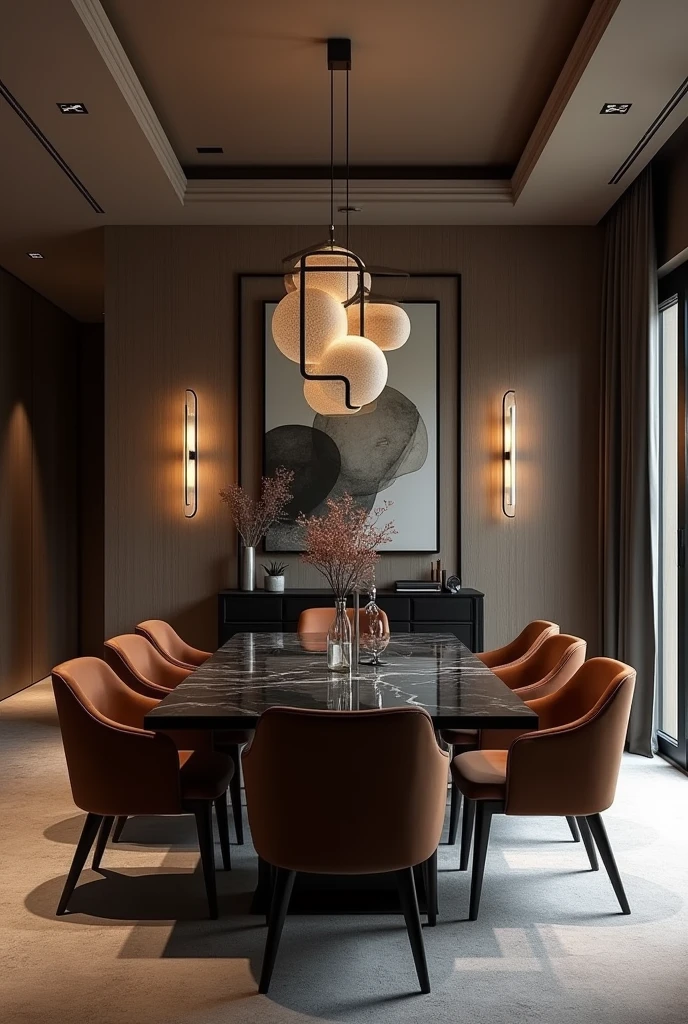 Professional 3d architecture rendering design of modern and minimal dining room with so dark brown velvet 8 chairs and black slab stone marble table modern and modern ceiling lighting and elegant ceiling lighting and dark wooden consulate and elegant ceiling lighting and elegant wall painting and elegant accessories