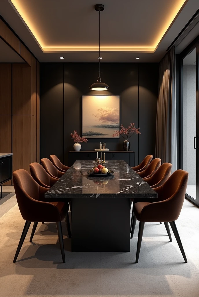 Professional 3d architecture rendering design of modern and minimal  dining room with so dark brown velvet  8 chairs and black slab stone marble table  modern  and modern ceiling lighting and elegant ceiling lighting and dark wooden consulate and elegant ceiling lighting and elegant wall painting  and elegant accessories 