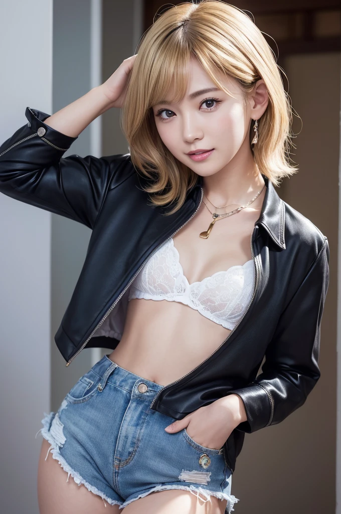 (best quality, 4K, 8k, highres, masterpiece:1.2), ultra-detailed, (realistic, photorealistic, photo-realistic:1.37), hyper detailed, extremely detailed, intricate details, sharp focus, physically-based rendering, professional, vivid colors, studio lighting、Japanese High School Girl、coy smile、Natural Makeup、((blond))、middlehair、Inward curl、White shirt、hot pants、Open shirt、Emphasize cleavage、side boob、under boob、flat breasts、thick lips、flat chest、pierce、necklace、bracelet