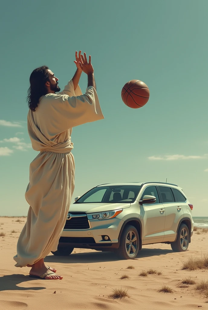 Jesus Christ scoring in basketball while a Toyota watches him next to him willirex