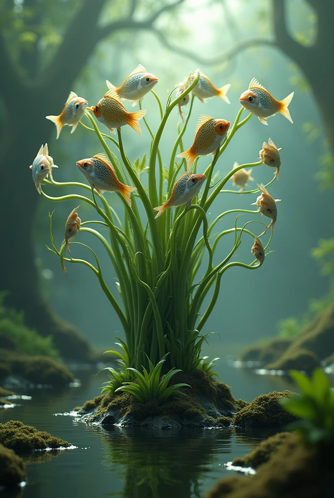 Create me a image in which a plant grows fish instead of fruits