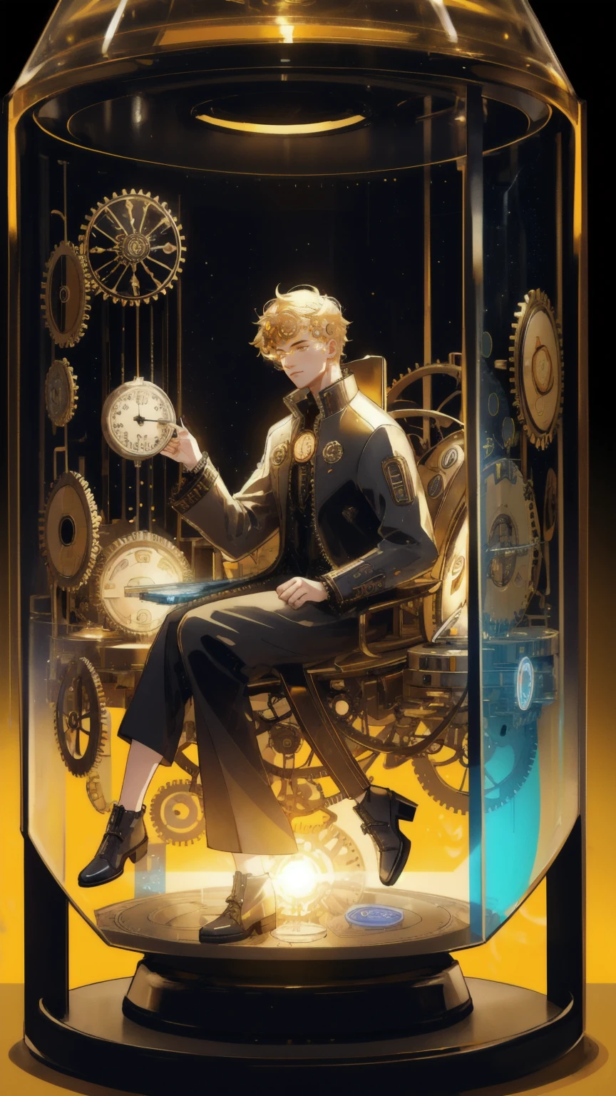 A futuristic time machine labeled 'Early Mover Time Machine' with intricate gears and clockwork mechanisms, surrounded by floating digital coins like Bitcoin and Ethereum. The machine is encased in a glowing glass cylinder, with coins spilling out and swirling around it. The scene is set against a vivid yellow background, creating an atmosphere of innovation and excitement in the crypto world