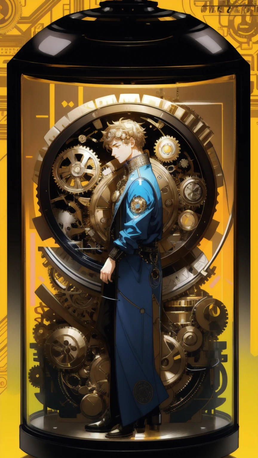A futuristic time machine labeled 'Early Mover Time Machine' with intricate gears and clockwork mechanisms, surrounded by floating digital coins like Bitcoin and Ethereum. The machine is encased in a glowing glass cylinder, with coins spilling out and swirling around it. The scene is set against a vivid yellow background, creating an atmosphere of innovation and excitement in the crypto world