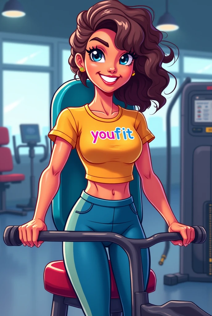 cartoon woman in the gym on the extension chair with a t-shirt saying youfit