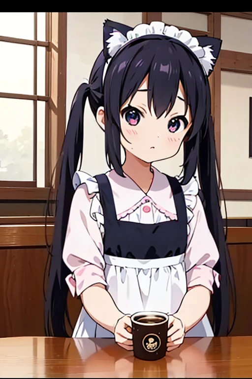 Azusa Nakano、One Girl、alone、anime screencap、Ray Tracing、ultra hi resolution picture、Depth of written boundary、cute、Coffee shop、Maid clothes、Cat ears headband、Black Hair、Long twin tails