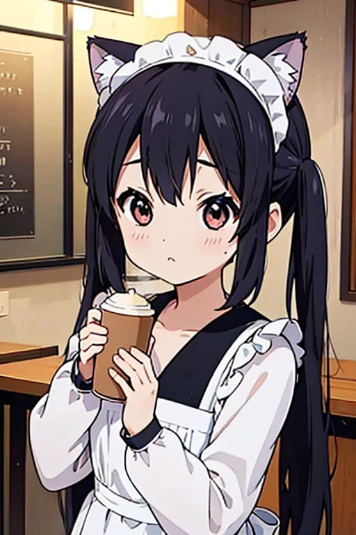 Azusa Nakano、One Girl、alone、anime screencap、Ray Tracing、ultra hi resolution picture、Depth of written boundary、cute、Coffee shop、Maid clothes、Cat ears headband、Black Hair、Long twin tails