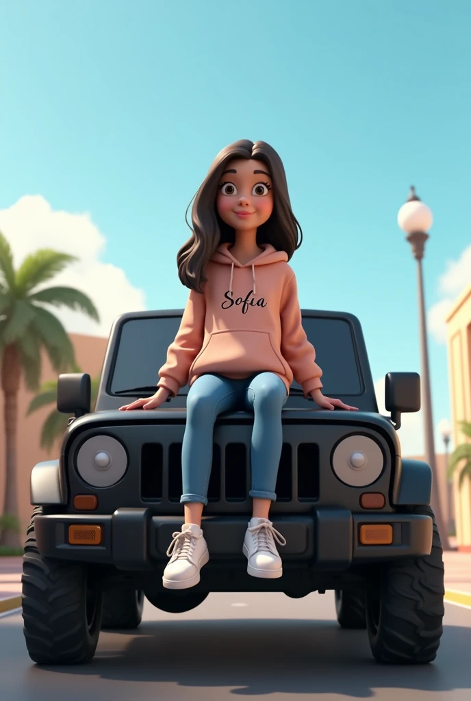Create 3D animation of 20 years old girl with casual Hoodie jeans and sneakers sitting casually on Black Mahindra Thar 4x4 car, the girl looking stylish and beautiful and name "sofia" is written on his hoodie dress, make sure name is not misspelled. Make sure photo looks realistic and amazing background with blue sky and building or park in dubai, 3d art painting realistic photo.