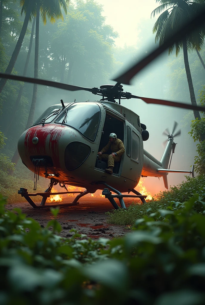 Photorealism 1.3 realistic realism high definition 8k helicopter crash in the jungle wounded pilot smoke effect fire flame pilot wearing helmet trap inside helicopter dramatic view blood effect