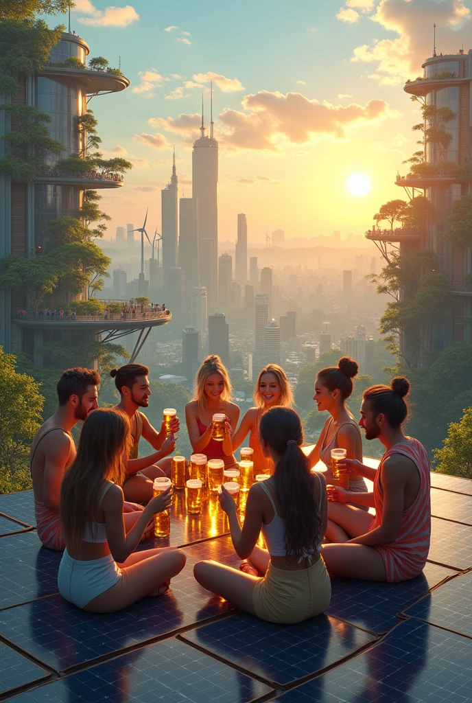Solarpunk fantasy image of people (guys and girls) drinking jars of beer on top of solar panels in a ecofriendly city